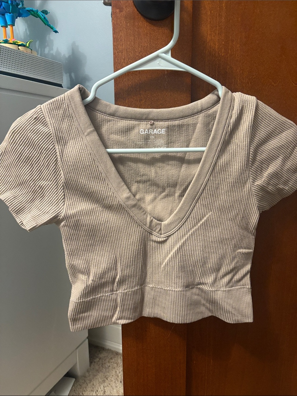 Garage Taupe Ribbed V-Neck Crop Top